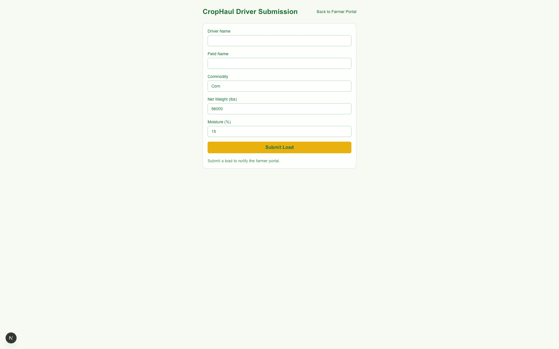 CropHaul live status screen